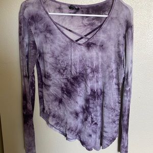 Tie dye, purple shirt. Rue 21, flowy, thin, and good material